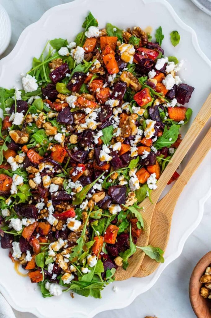 Fall Roasted Sweet Potato Beet Salad with Feta. Photo Credit: Sunglow Kitchen