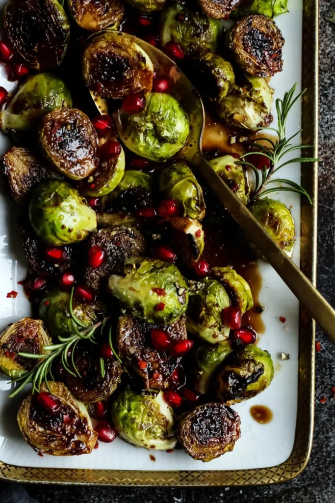 Pan-seared Brussels sprouts glazed with balsamic vinegar, a nutritious and delicious choice for healthy New Year’s dinner ideas