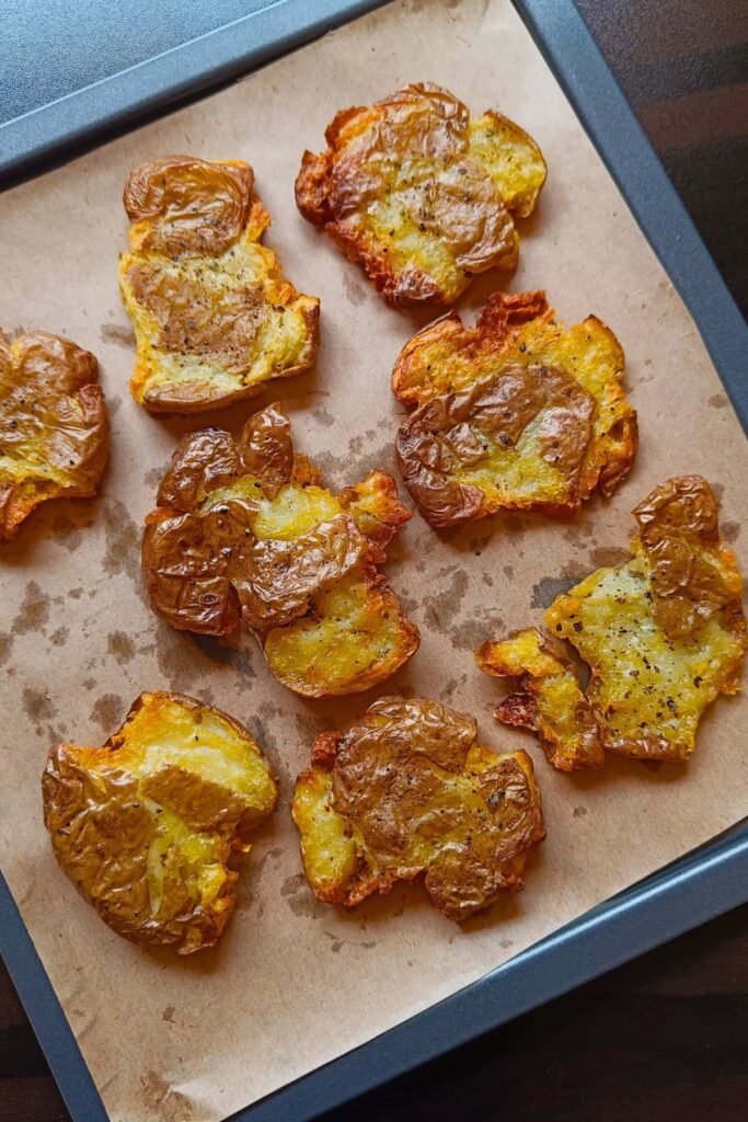 Air-fried smashed potatoes, a crispy and kid-friendly side dish for healthy recipes for kids and healthy New Year’s dinner menus