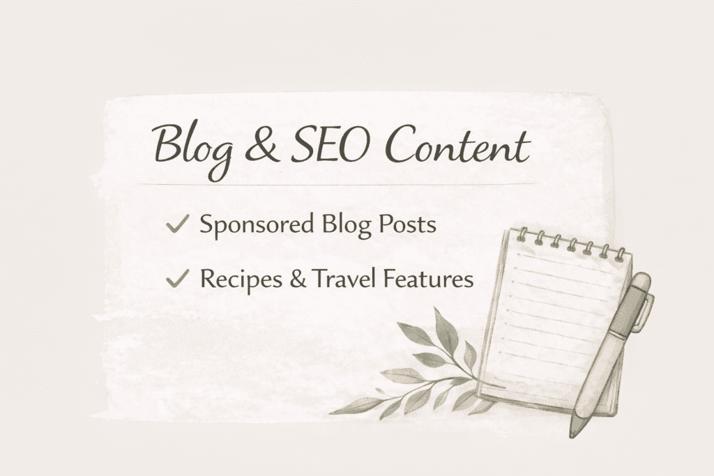 Watercolor illustration of a notebook and pen with text showing sponsored blog posts, SEO content, recipes, and travel features services for brand partnerships