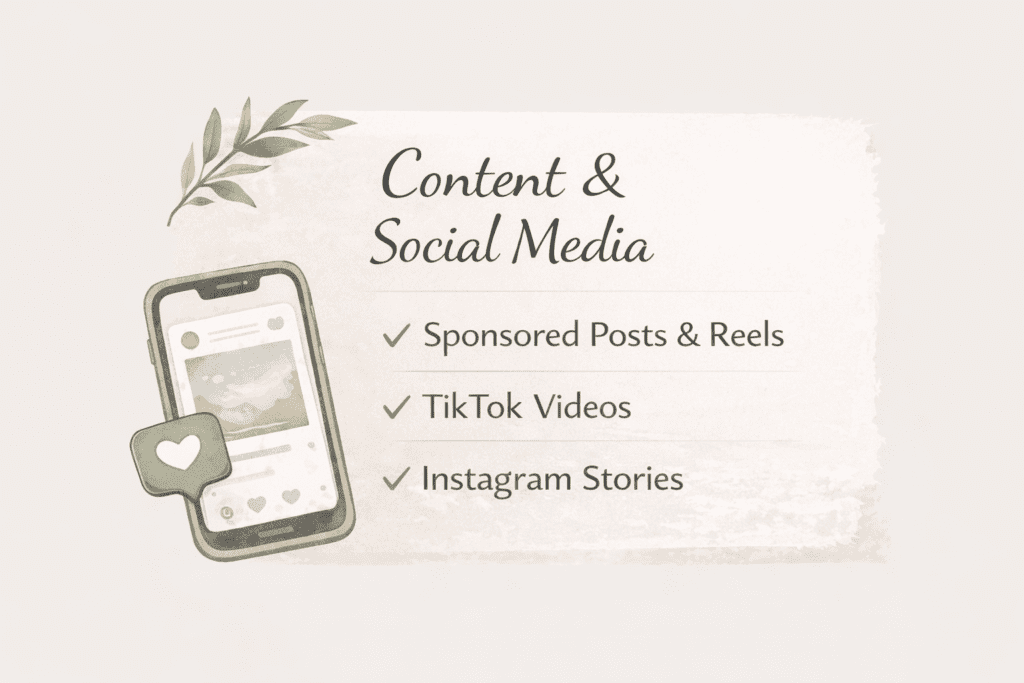 Watercolor illustration of a smartphone with a social media interface showing services including sponsored posts, reels, TikTok videos, and Instagram stories