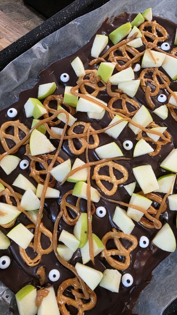 Halloween Caramel Apple Pretzel Bark Setting up