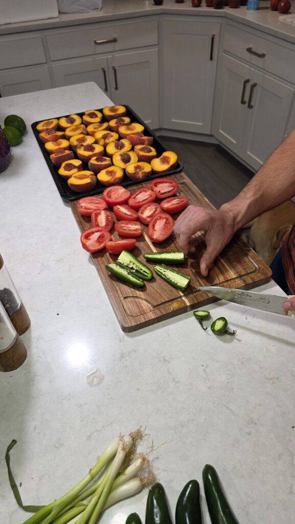 Traeger smoked peach salsa prep