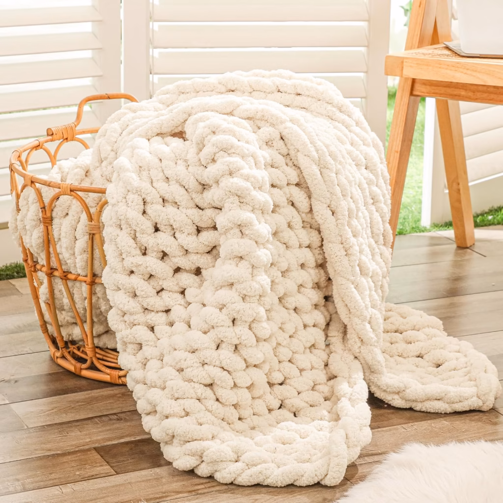 Cream colored chunky knit blanket