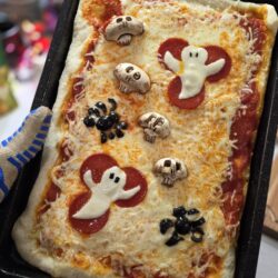 Pizza 2 with skull mushrooms, cheese ghosts, and olive spiders